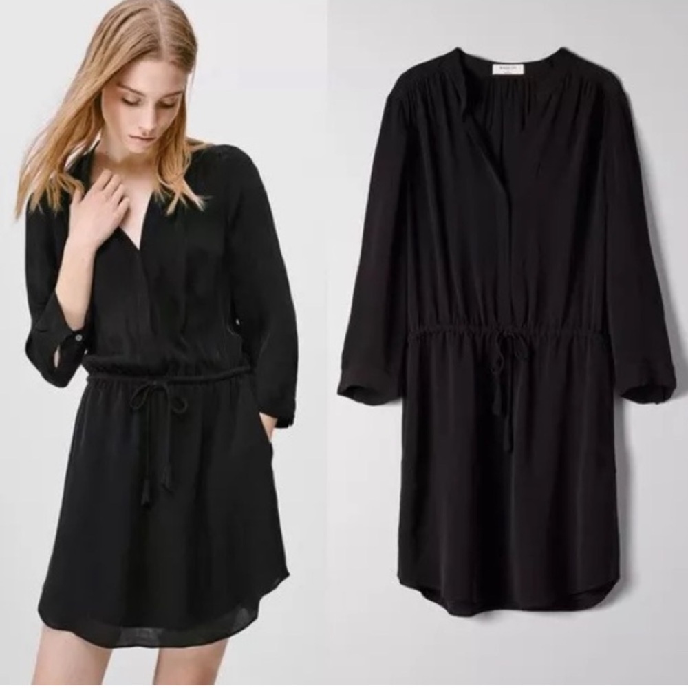 Aritzia Babaton Silk Bennett Button Up Mini Dress Blouse Pockets Belt Black M